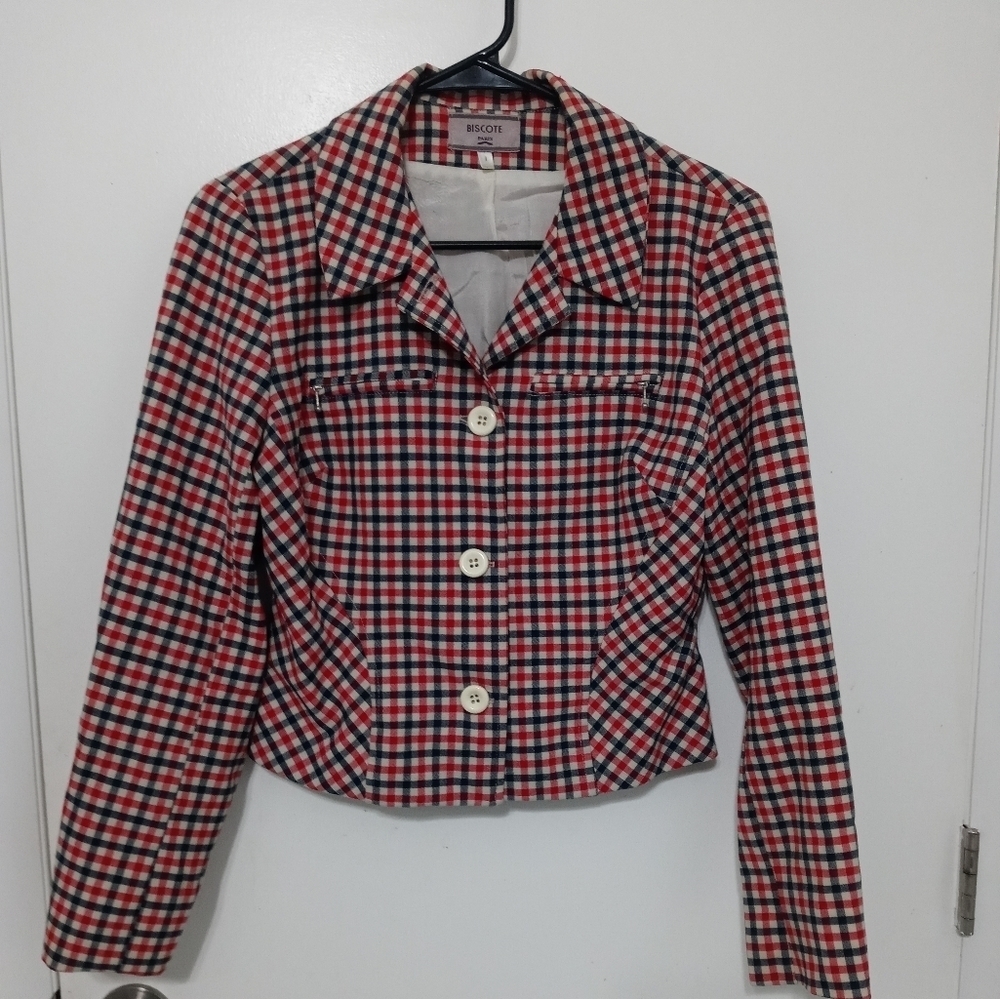 Vintage Biscote Paris Victy Red Navy Blue Plaid Satin Lined Blazer 1